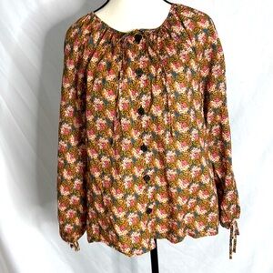J Crew Collection  Womens Floral Long Sleeve Prairie Drawstring Blouse